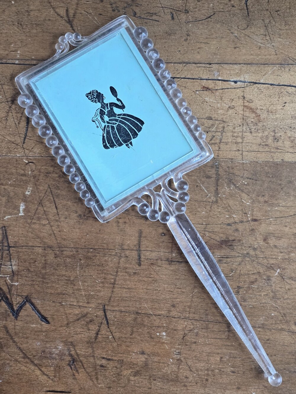 Vintage Child's Toy Vanity Hand Mirror Clear Plastic Beaded Crinoline Lady 1950s